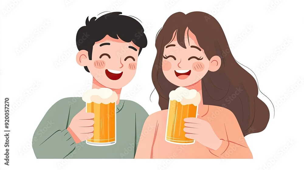 2D Flat Illustration of an Asian Man and Woman Cheering with Beer Mugs and Happy Expressions 2D Flat Illustration of an Asian Man and Woman Cheering with Beer Mugs and Happy Expressions