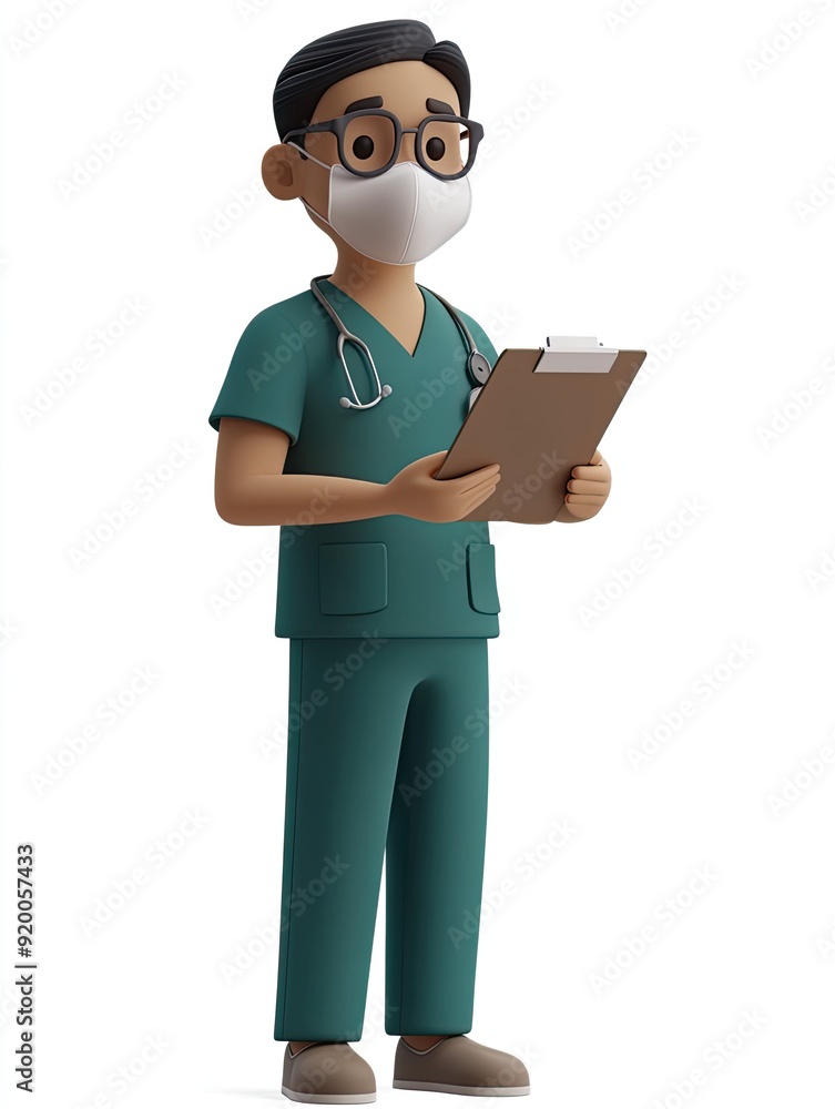 3D Cartoon Illustration of an Asian Healthcare Worker Wearing Scrubs and a Mask Holding a Clipboard with a White Background 3D Cartoon Illustration of an Asian Healthcare Worker Wearing Scrubs and a Mask Holding a Clipboard with a White Background