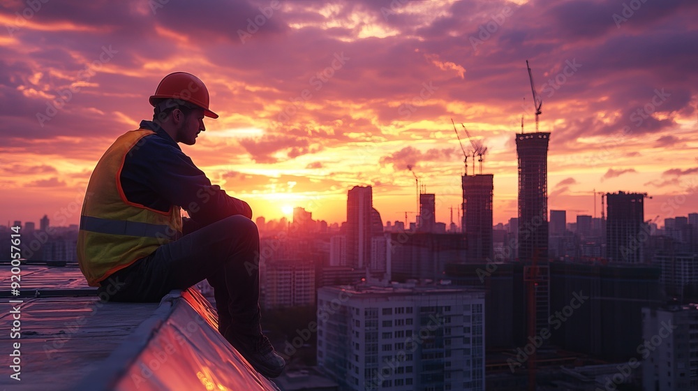 Construction worker taking a break on a highrise building with city skyline at sunset Construction worker taking a break on a highrise building with city skyline at sunset