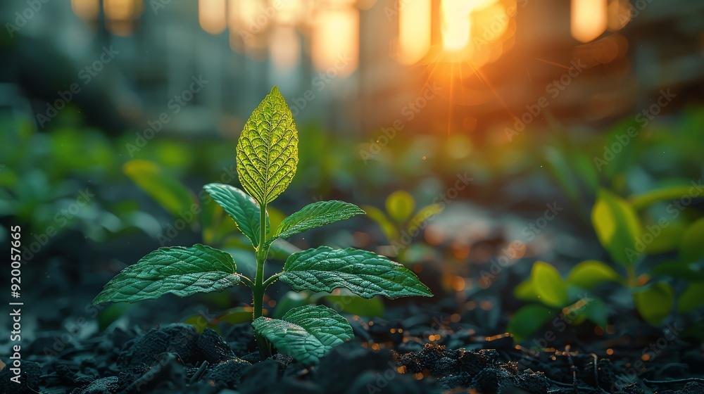 Young green plant growing in fertile soil with sunlight in the background. Symbol of growth, new beginnings, and nature's beauty. Young green plant growing in fertile soil with sunlight in the background. Symbol of growth, new beginnings, and nature's beauty.