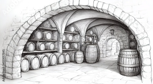 
a pencil sketch of an old medieval wine cellar with barrels on shelves