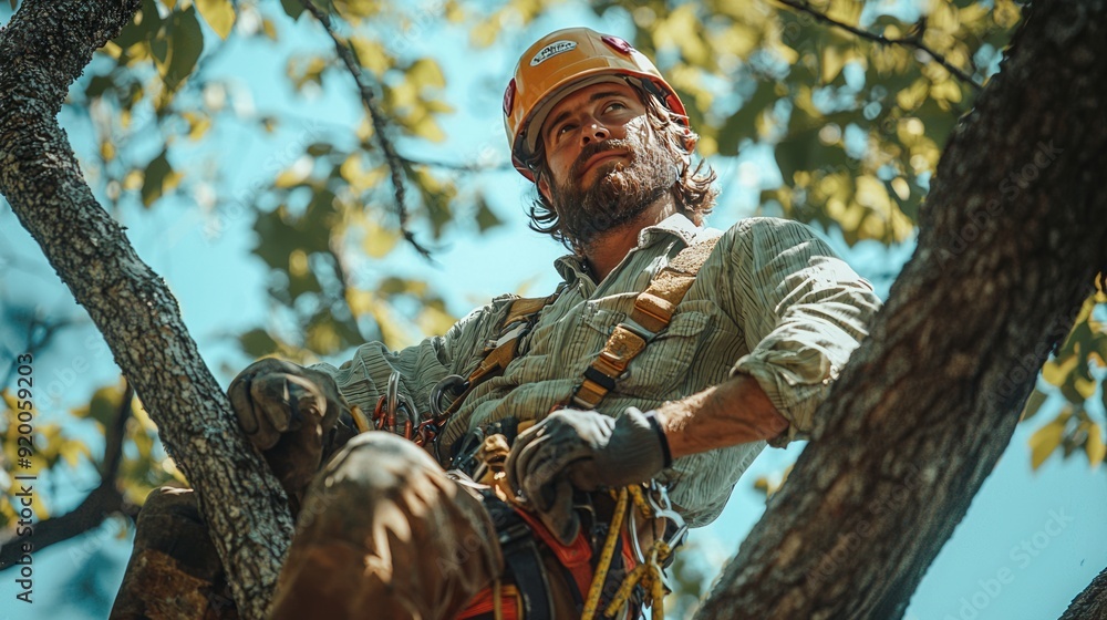 Tree surgeon working high in a tree wearing safety gear Tree surgeon working high in a tree wearing safety gear