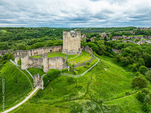 Conisbrough Castle from a drone, Conisbrough, South Yorkshire, England