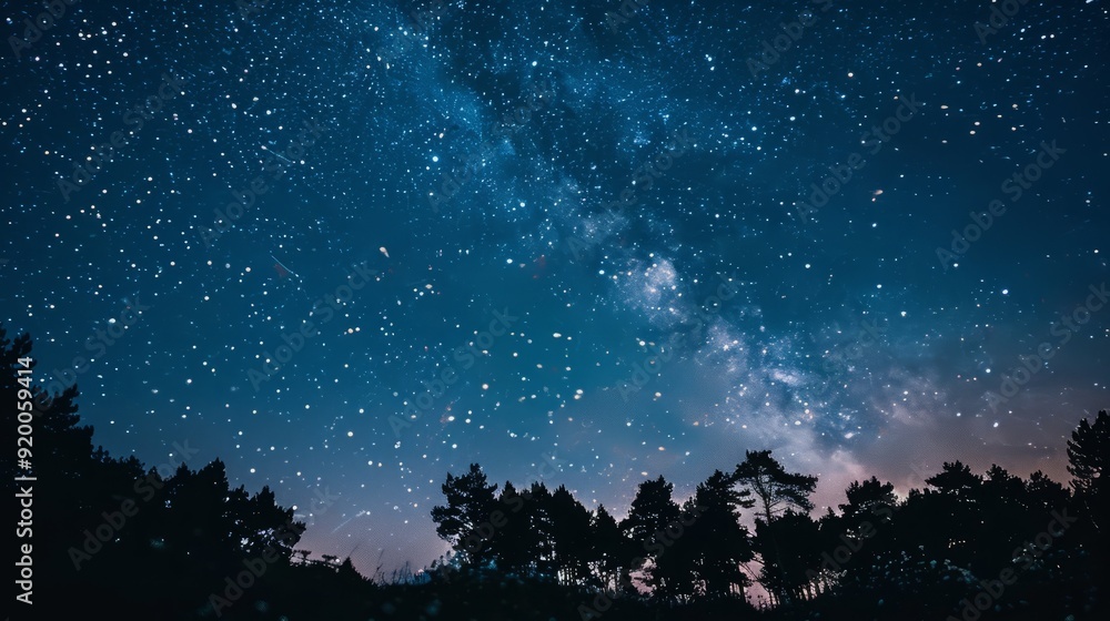 Obraz premium A mesmerizing night sky filled with twinkling stars and the milky way, silhouetted by trees.