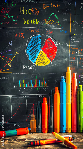 Budget analysis on blackboard with markers against dreamy background for financial planning and business analysis. #StockPhoto #BudgetAnalysis #BusinessPlanning photo