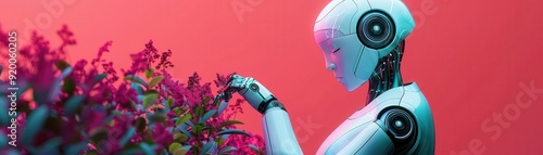 A robotic gardener tending to a digital garden of holographic plants, Futuristic, Multicolored, Digital art, Innovative and surreal