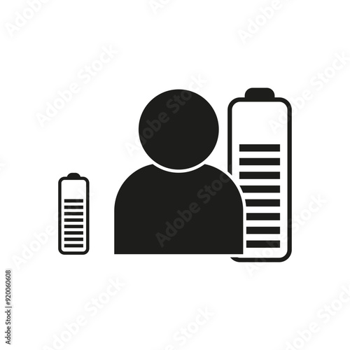 Person battery icon. Energy levels vector. Black silhouette. Power management.
