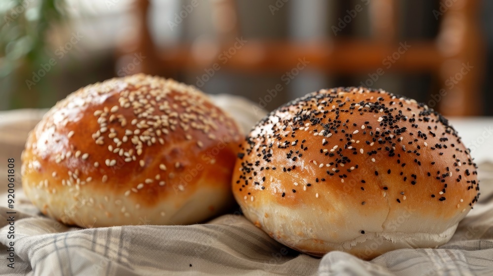 Two artisan rolls side by side one topped with sesame seeds and the other with poppy seeds. The seeds add an extra crunch to the already crispy crust making for a satisfying bite. Two artisan rolls side by side one topped with sesame seeds and the other with poppy seeds. The seeds add an extra crunch to the already crispy crust making for a satisfying bite.