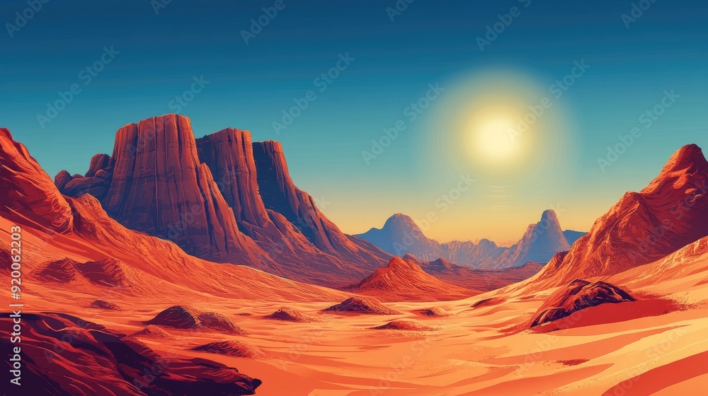Naklejka premium Dramatic desert landscape with red rock formations, sand dunes, and a blazing sun, suitable for adventure themes