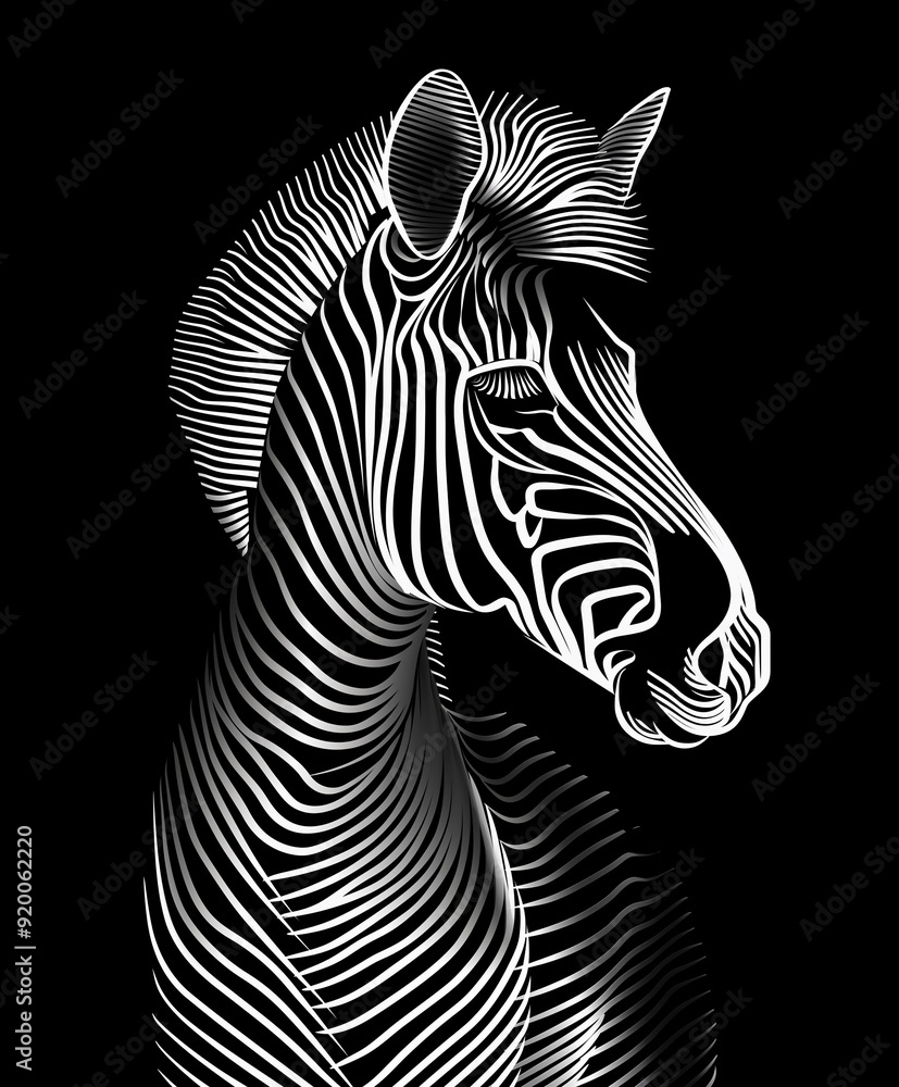 Fototapeta premium Creative art of a zebra outlined in white isolated on a black background
