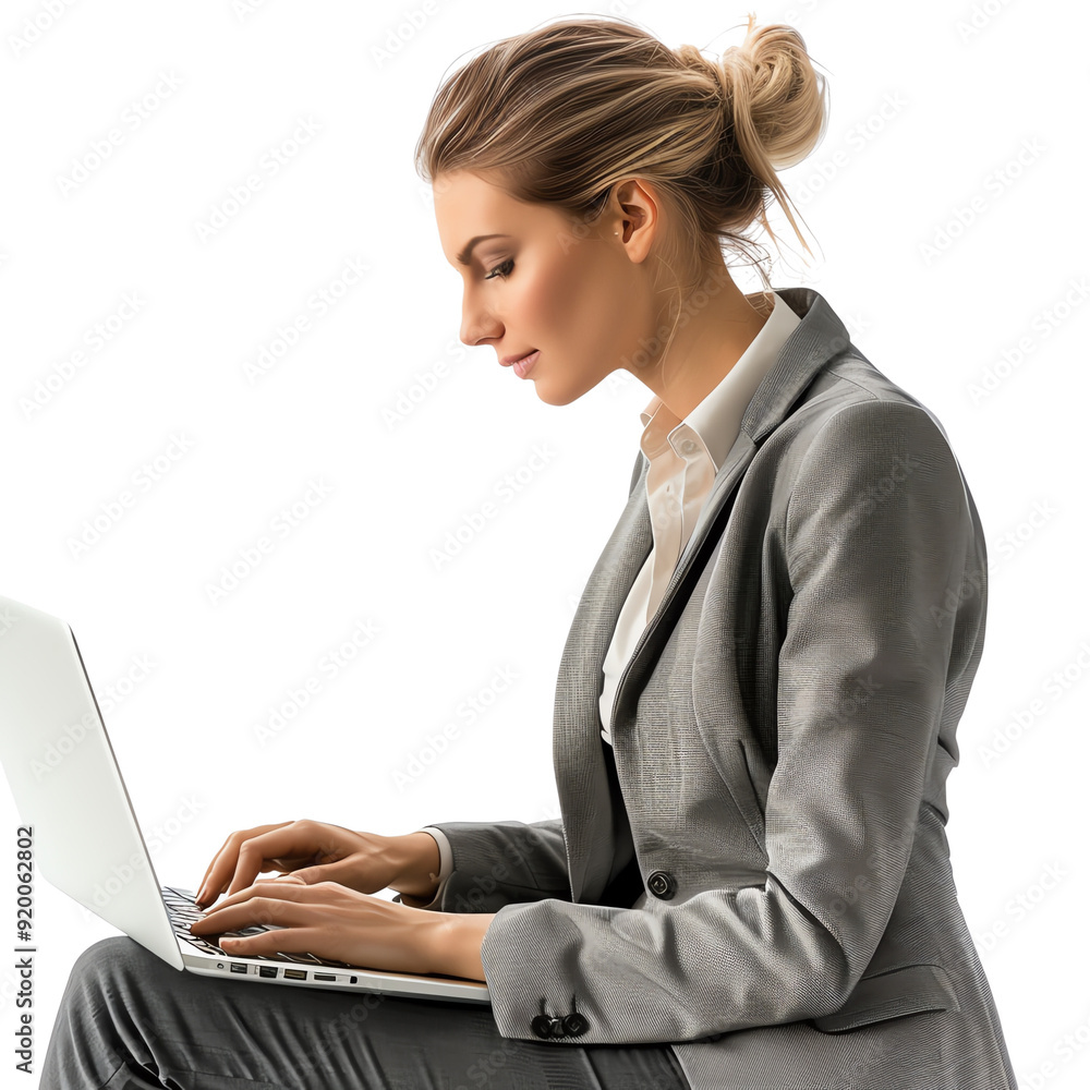 Businesswoman in a gray suit working on a laptop, focused and professional, showcasing productivity and modern work environment. Businesswoman in a gray suit working on a laptop, focused and professional, showcasing productivity and modern work environment.