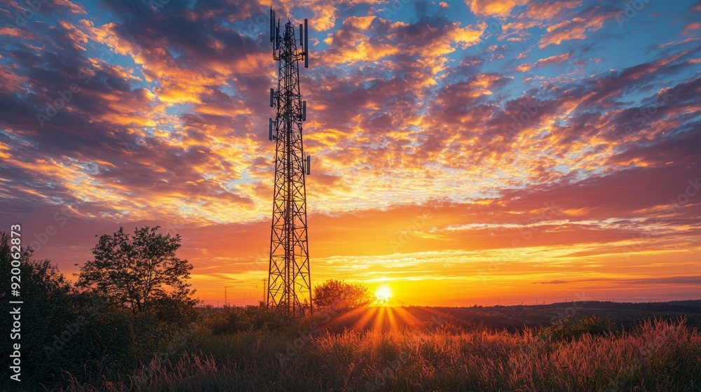 Fototapeta premium Telecommunication tower at sunset with vibrant sky and clouds