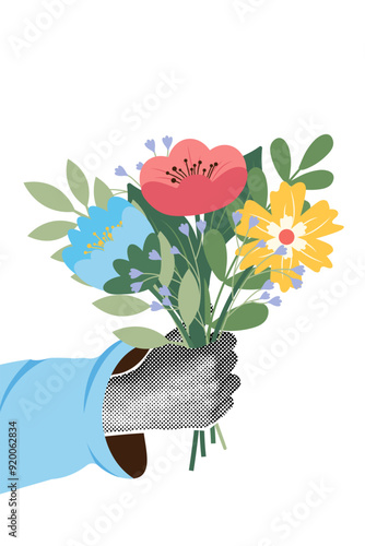 Template for fashionable halftone collage. Flowers in hand. International women's day , mother's day, march 8, birthday. Vector illustration