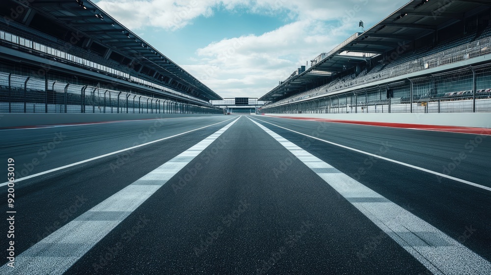 Finish line on a deserted racetrack, with crisp white markings and empty grandstands.