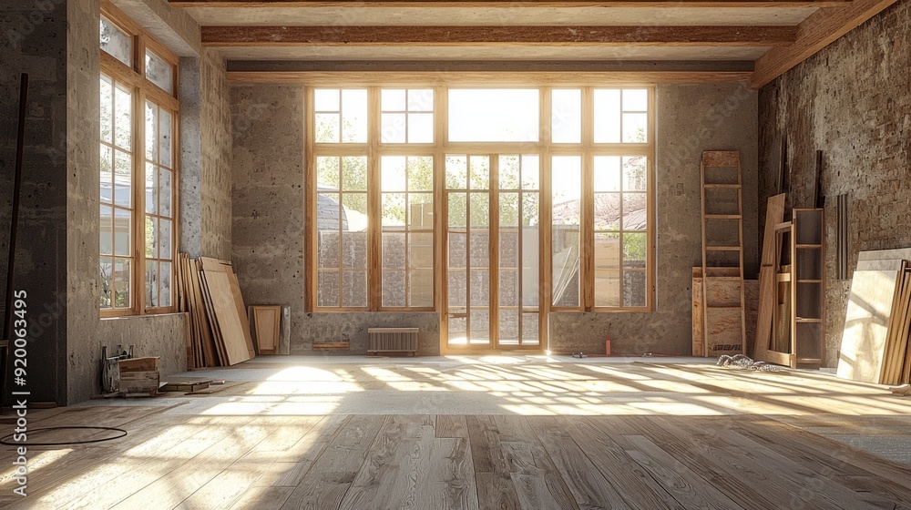 Fototapeta premium Sunlit unfinished room with large windows and wooden flooring