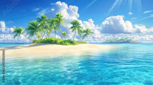 Idyllic island landscape with a sandy beach, palm trees, and crystal-clear waters, perfect for tropical vacation themes
