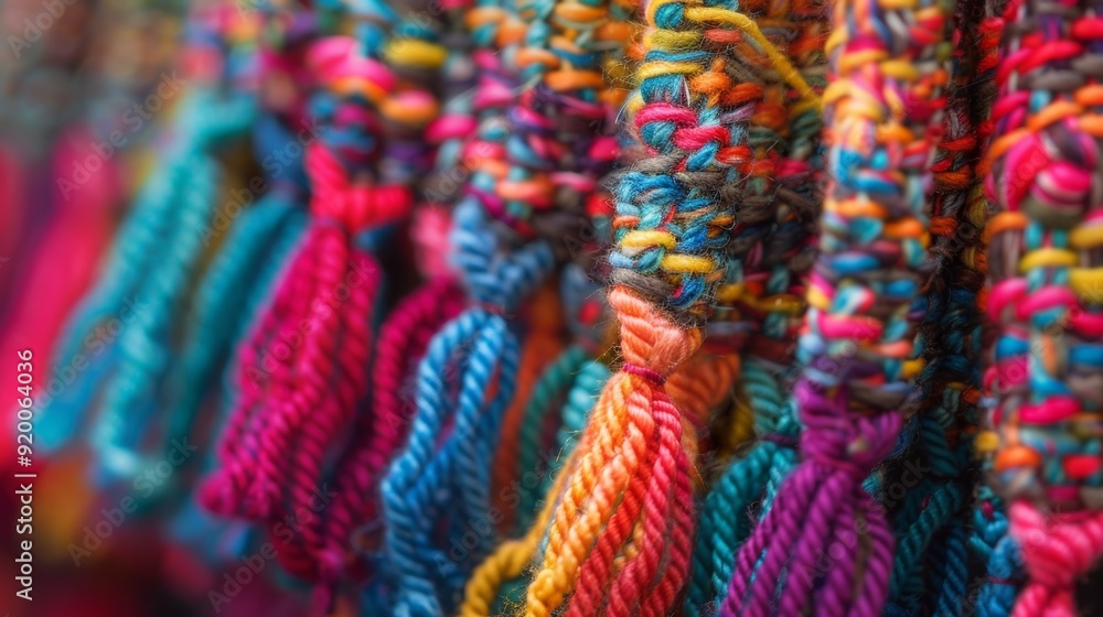 A closer look at the fringe of a handwoven scarf reveals colorful threads threaded and knotted in an alternating pattern bringing movement and dimension to the finished product. A closer look at the fringe of a handwoven scarf reveals colorful threads threaded and knotted in an alternating pattern bringing movement and dimension to the finished product.