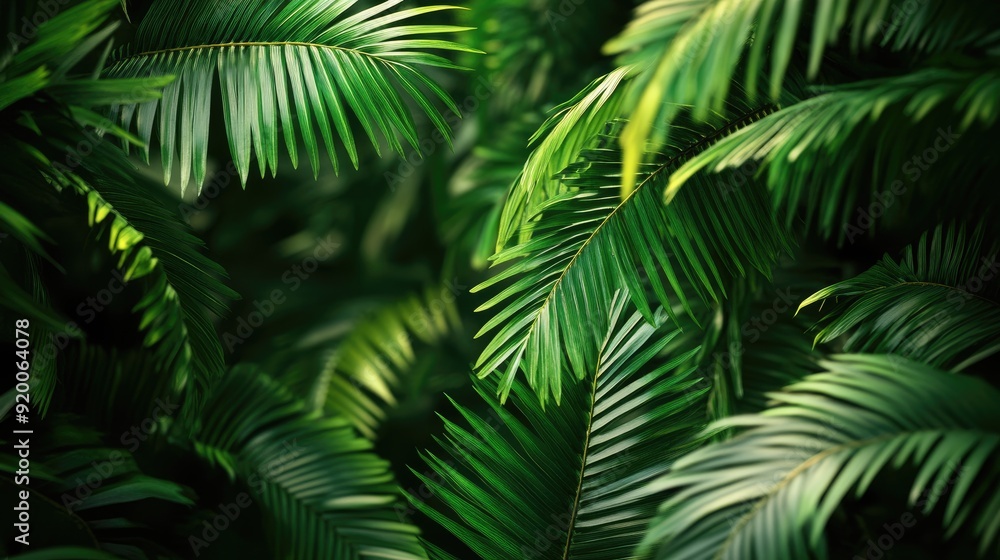 Lush tropical background with vibrant green palm leaves, ideal for summer and vacation-themed designs. Lush tropical background with vibrant green palm leaves, ideal for summer and vacation-themed designs.