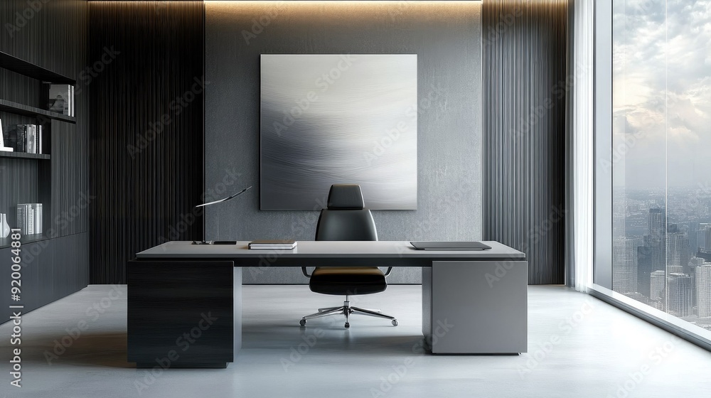 Modern minimalist office space with a clean desk and large abstract art Modern minimalist office space with a clean desk and large abstract art