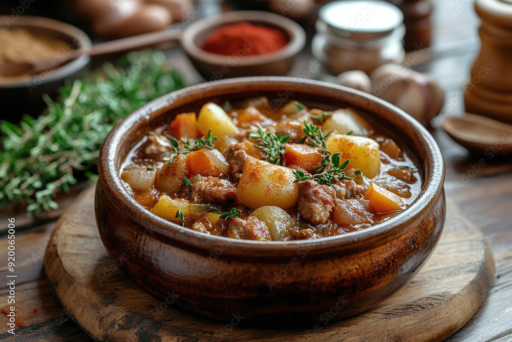 A warm, cozy kitchen scene with a pot of simmering stew and a selection of spices in the background. A warm, cozy kitchen scene with a pot of simmering stew and a selection of spices in the background.