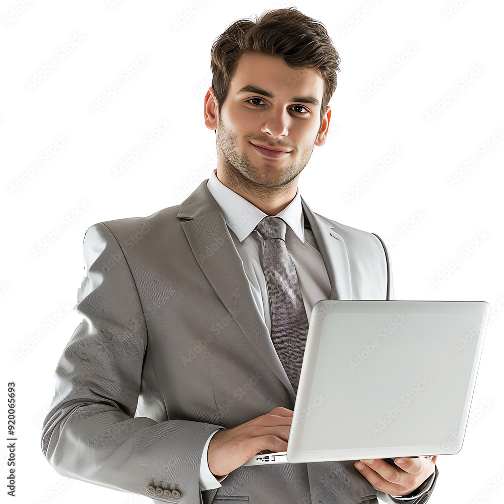 Confident young businessman in a gray suit using a laptop, standing isolated on a white background. Confident young businessman in a gray suit using a laptop, standing isolated on a white background.