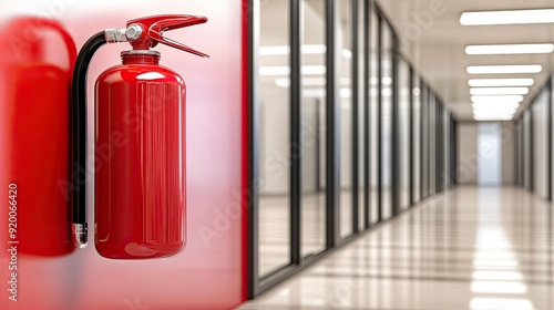 Wallpaper Mural Red Fire Extinguisher Mounted on a Wall in a Modern Office Hallway, Emphasizing Fire Safety and Emergency Preparedness Torontodigital.ca