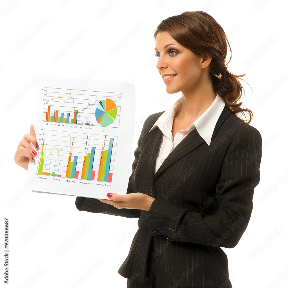 Businesswoman in a suit presenting colorful charts and graphs, highlighting business growth and data analysis during a professional presentation. Businesswoman in a suit presenting colorful charts and graphs, highlighting business growth and data analysis during a professional presentation.