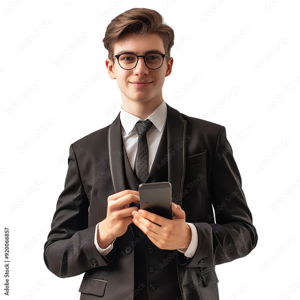 Young professional in formal attire holding a smartphone, confidently smiling. Ideal for business, corporate, and technology themes. Young professional in formal attire holding a smartphone, confidently smiling. Ideal for business, corporate, and technology themes.