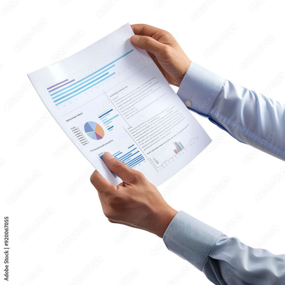 Hands holding business document with charts and graphs, demonstrating data analysis and professional report in a corporate setting. Hands holding business document with charts and graphs, demonstrating data analysis and professional report in a corporate setting.