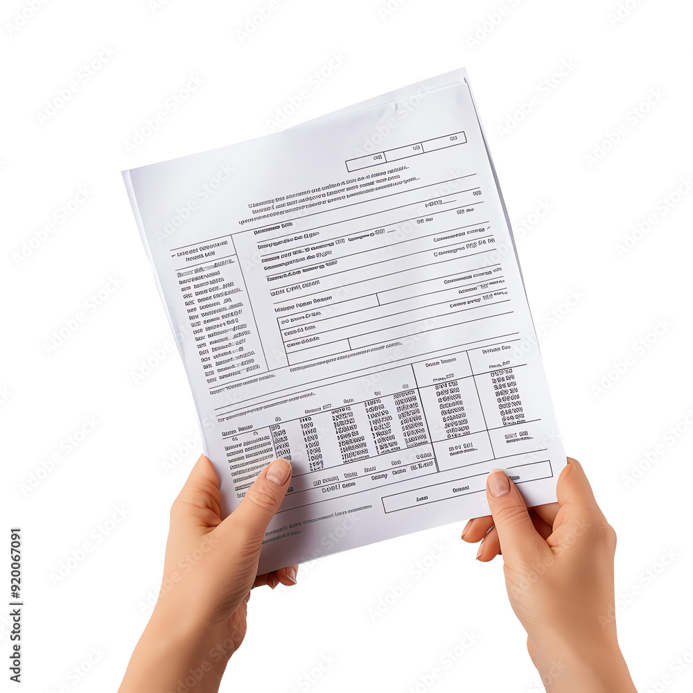 Obraz premium Hands holding a sheet of paper with printed information, isolated on white background. Useful for business, document presentation, and data analysis themes.