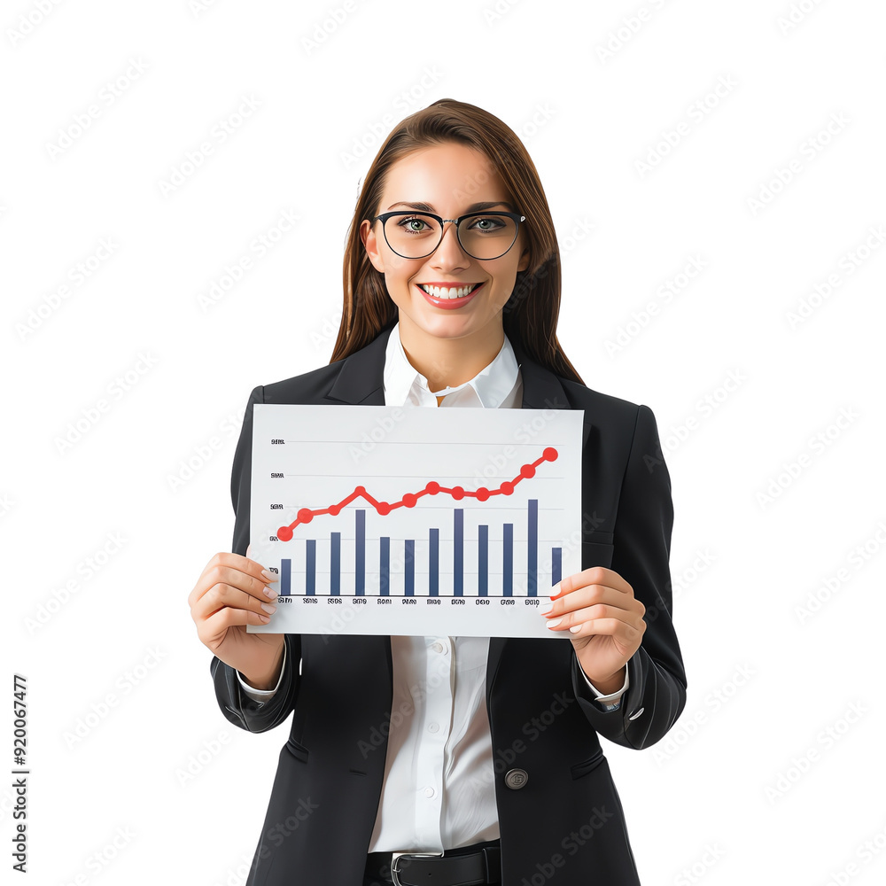 Businesswoman holding a graph chart with upward trend. Professional woman in formal attire showcasing growth statistics. Businesswoman holding a graph chart with upward trend. Professional woman in formal attire showcasing growth statistics.