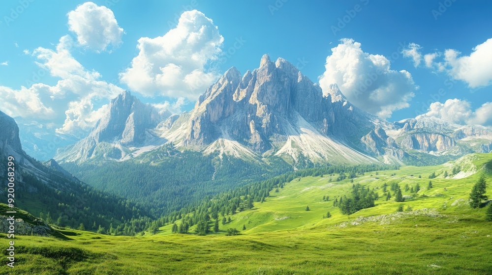 Stunning alpine landscape with towering mountains, green meadows, and a clear blue sky, perfect for outdoor adventure themes Stunning alpine landscape with towering mountains, green meadows, and a clear blue sky, perfect for outdoor adventure themes