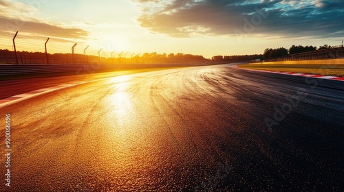 Sunrise over an empty racetrack, with golden light casting a warm glow on the asphalt.