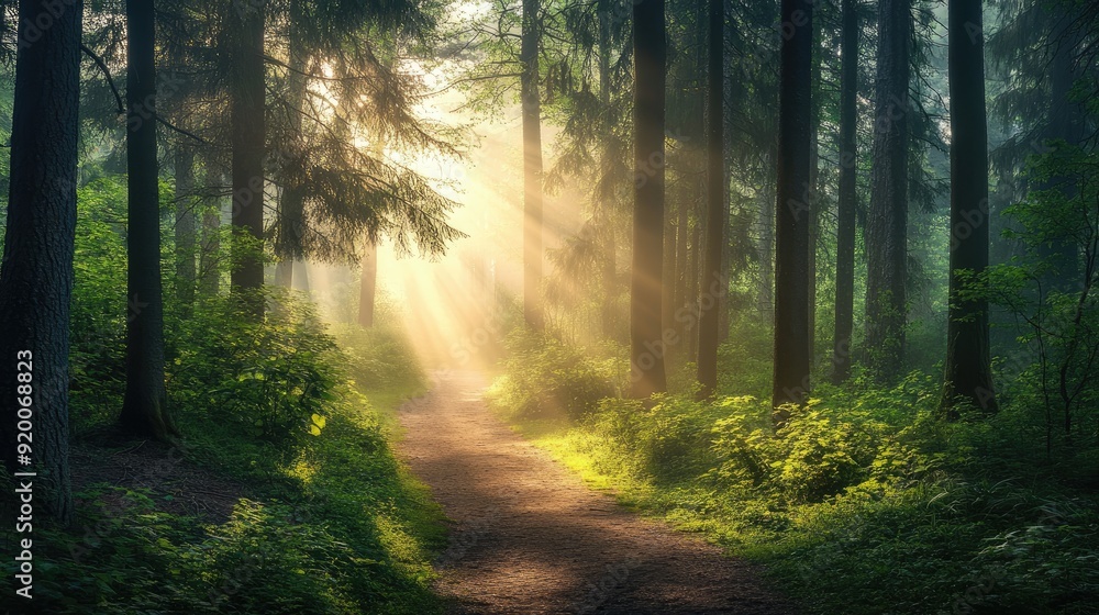 Tranquil forest landscape with tall trees, a misty path, and dappled sunlight, ideal for nature walk themes Tranquil forest landscape with tall trees, a misty path, and dappled sunlight, ideal for nature walk themes