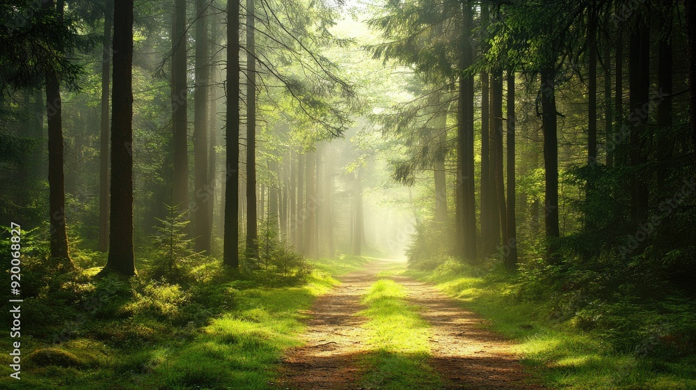 Tranquil forest landscape with tall trees, a misty path, and dappled sunlight, ideal for nature walk themes Tranquil forest landscape with tall trees, a misty path, and dappled sunlight, ideal for nature walk themes