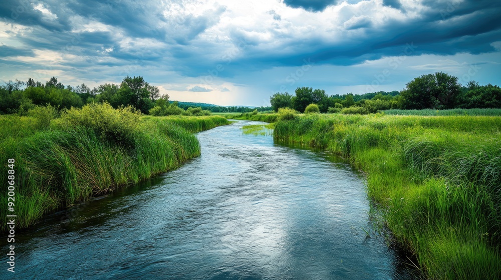 Tranquil river landscape with a gently flowing stream, green banks, and a cloudy sky, ideal for peaceful retreat themes Tranquil river landscape with a gently flowing stream, green banks, and a cloudy sky, ideal for peaceful retreat themes