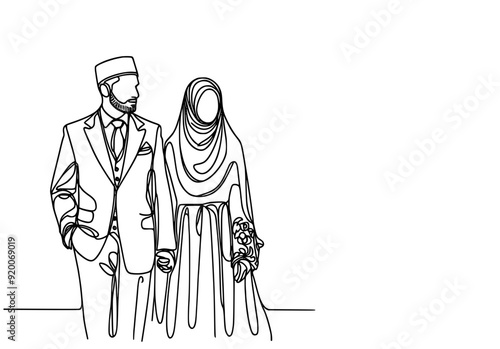 person in a dress, one line drawing of an Islamic couple dressed in shar'i