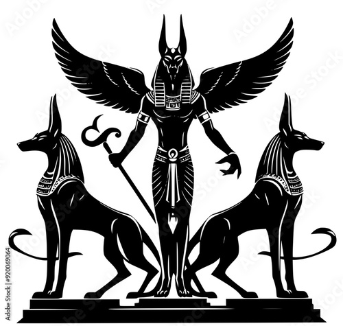 black and white pyramids, silhouette of anubis 
