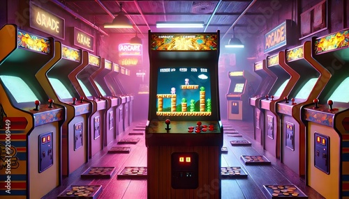 Retro arcade machines in a neon-lit gaming room (2)