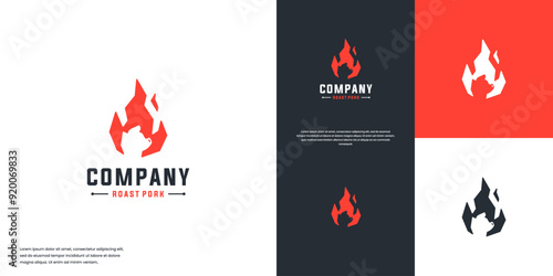 barbeque with pig head and fire , food product , vector design template.