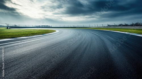 Wide-angle view of an empty race track, showcasing its curves and straightaways in a tranquil setting.