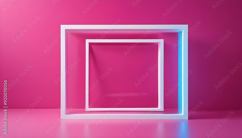 A thin white square frame floating slightly above a fuchsia pink background, with clear, crisp lines. A thin white square frame floating slightly above a fuchsia pink background, with clear, crisp lines.