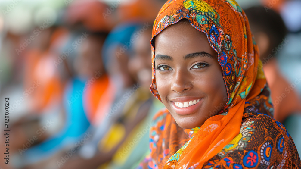 Portrait of a African Hijabi Woman Smiling Among a Line of Diverse Faces
Portrait of a African Hijabi Woman Smiling Among a Line of Diverse Faces