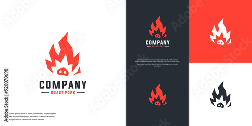 abstract logo barbecue fire, grilled pig, design graphic illustration.