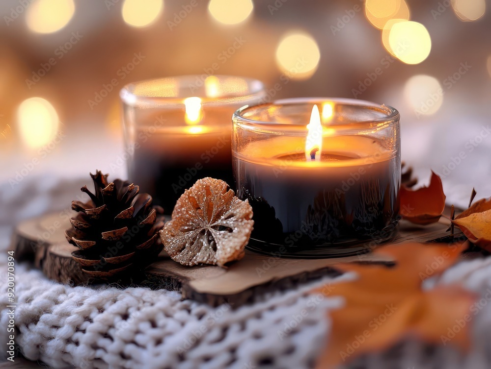 Cozy fall candles, warm glow, close-up, inviting Cozy fall candles, warm glow, close-up, inviting
