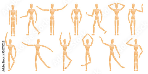 Wooden man artist mannequin puppet in different poses and action isolated set on white background