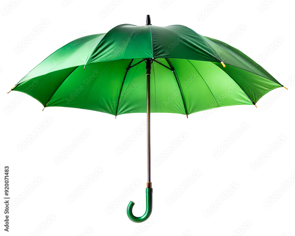 Green umbrella with curved handle for rainy weather protection isolated on transparent background Green umbrella with curved handle for rainy weather protection isolated on transparent background