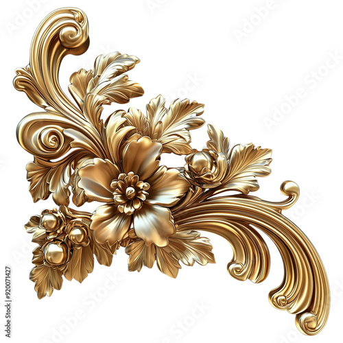 Intricately crafted golden corner flourish design with floral accents, isolated on a transparent background.
 photo