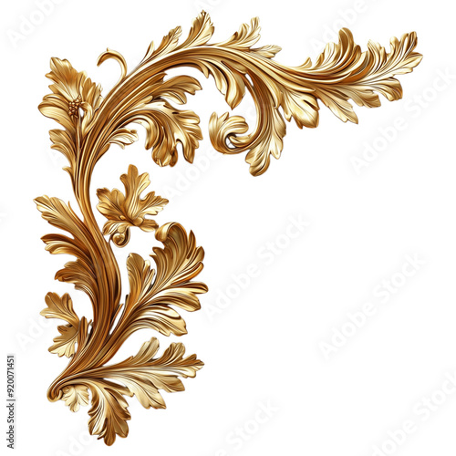 Intricately crafted golden corner flourish design with floral accents, isolated on a transparent background.
 photo