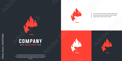 icon illustration of roasted pig, hot flame, logo design vector.